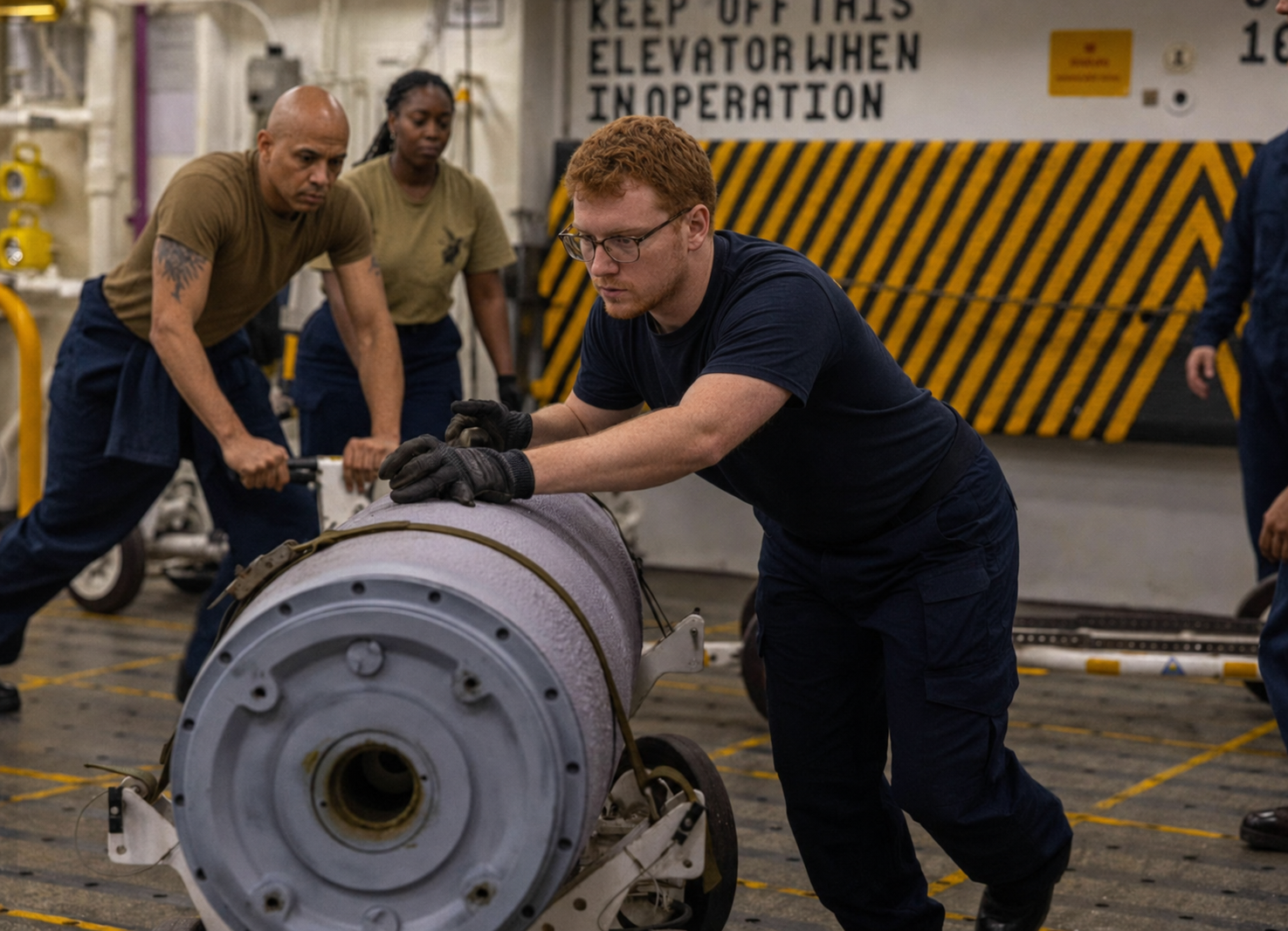 Navy aviation ordnancemen moving a bomb on a carrier weapons elevator deck