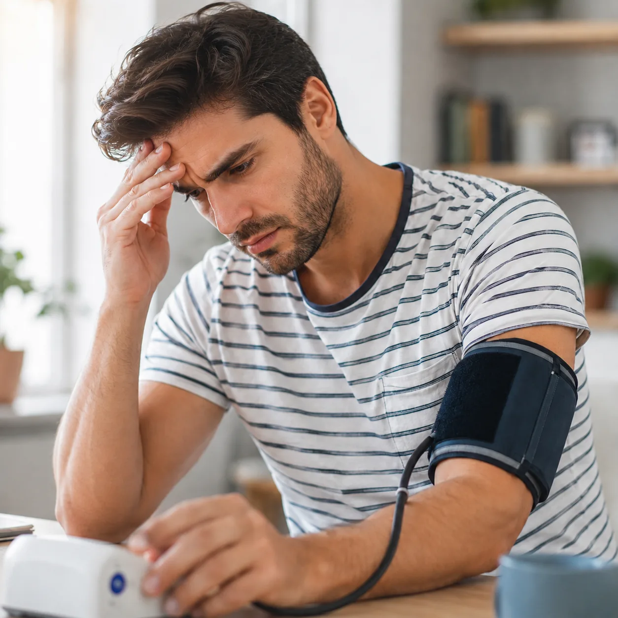 Veteran checking his blood pressure at home with a monitor