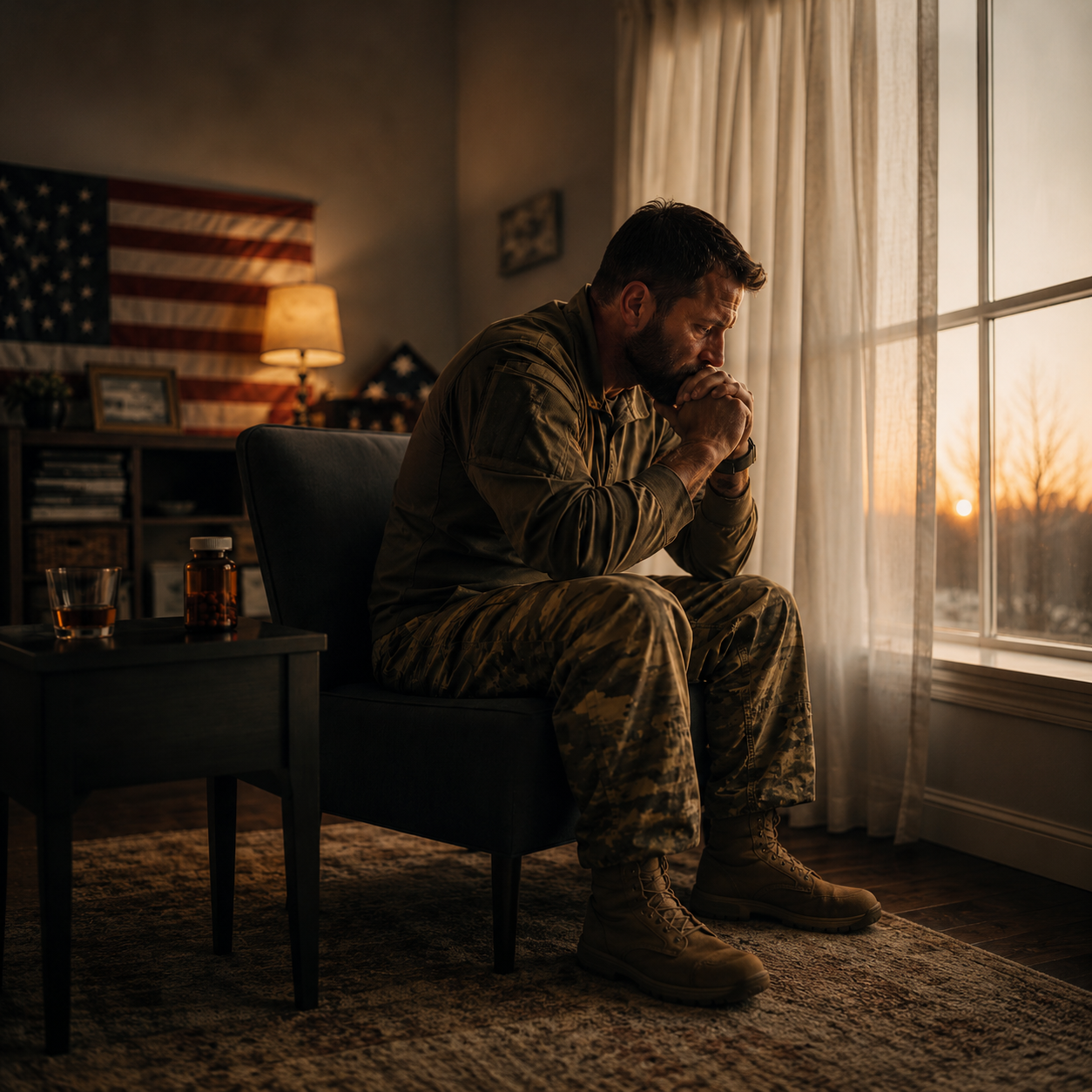 A veteran sitting alone at dusk beside a glass of whiskey and a bottle of medication