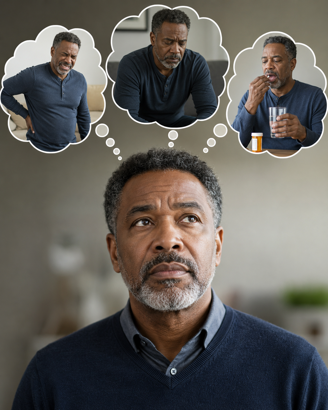 Veteran thinking through a chain of secondary conditions: back pain, stress, and daily medication