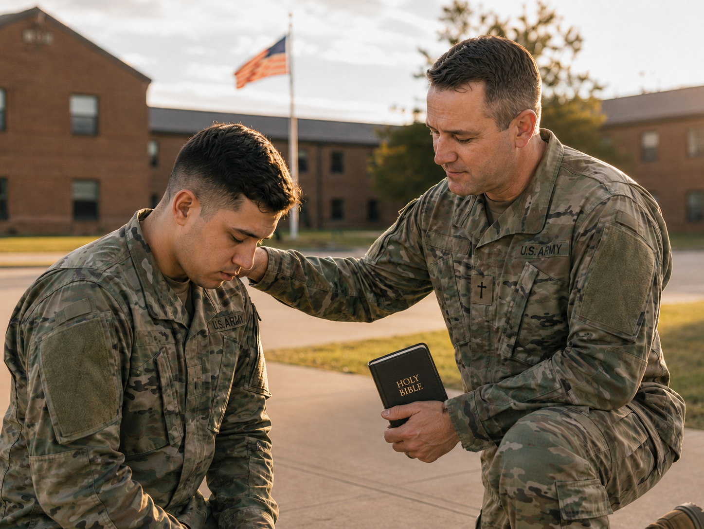 An Army chaplain kneeling beside a soldier outside the barracks with a hand on his shoulder