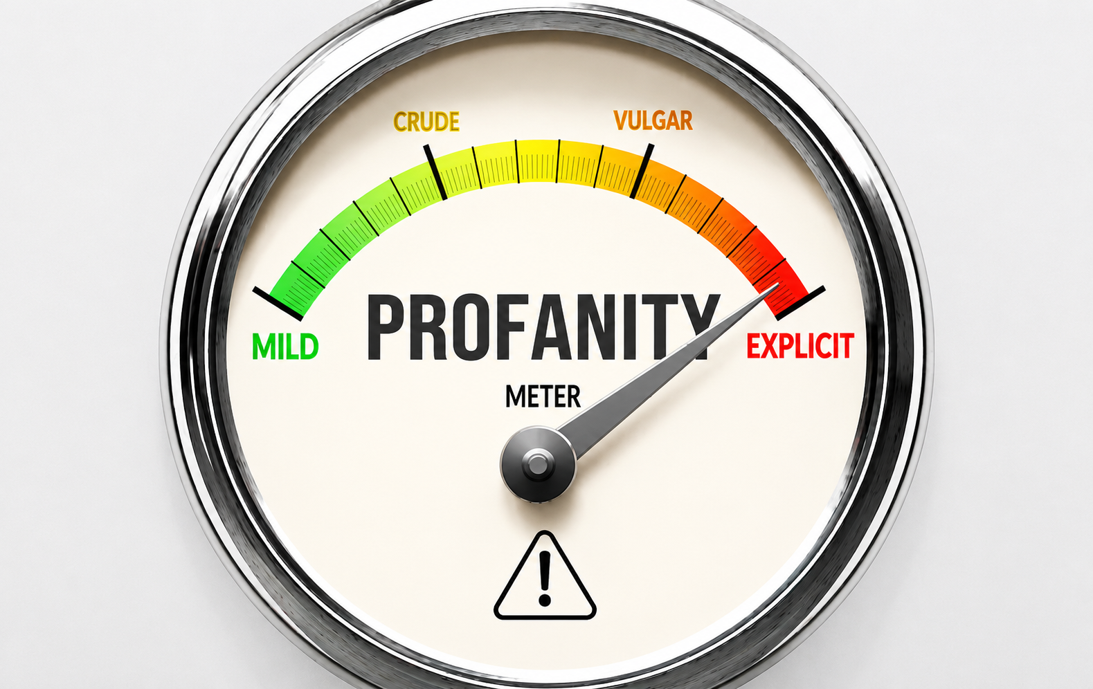 Profanity meter gauge showing levels from mild to explicit, with the needle pointing toward explicit