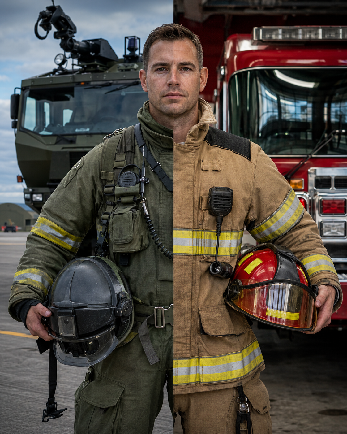 Split portrait of the same man in military firefighting gear and civilian turnout gear