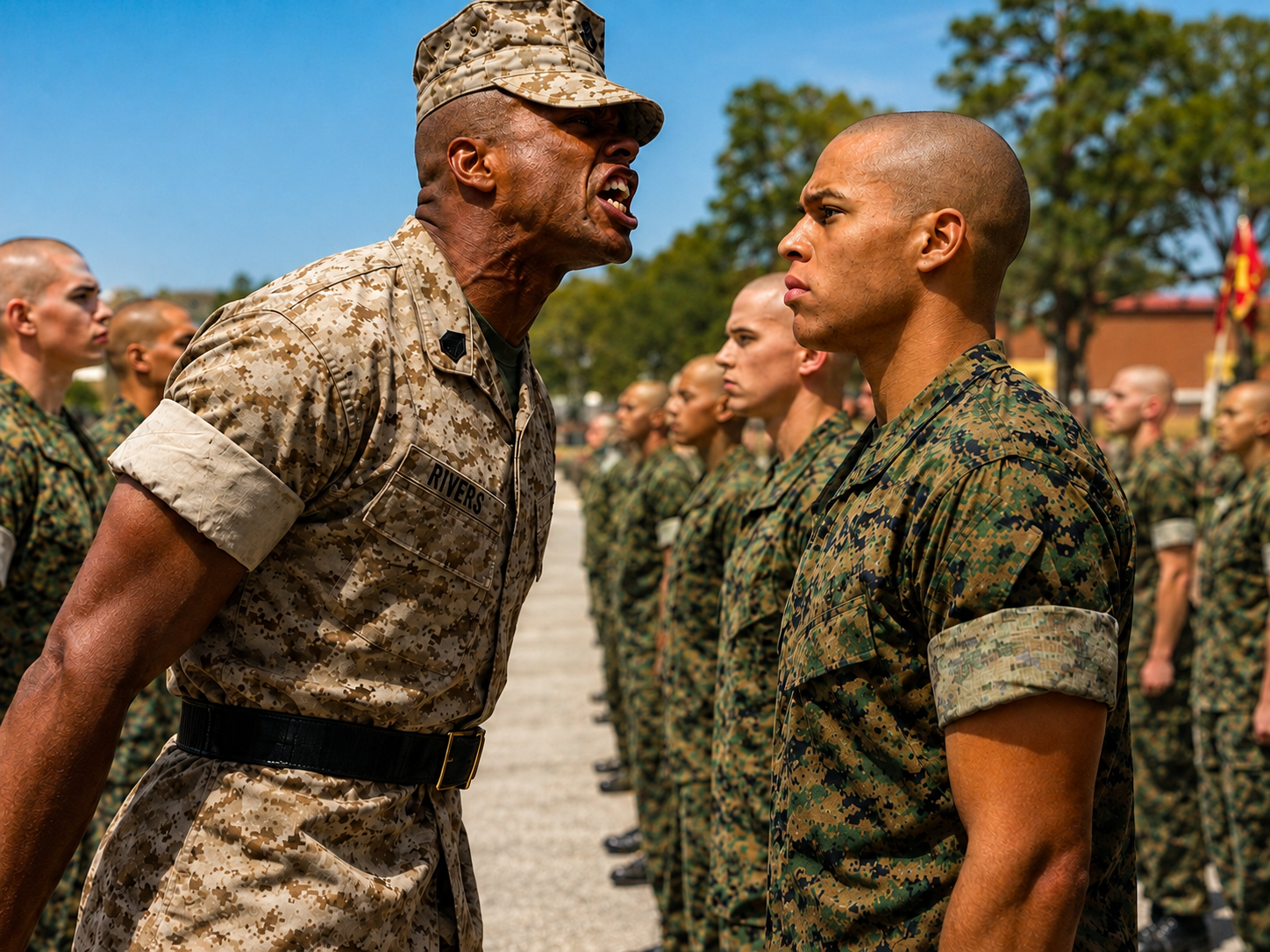 A Marine Corps drill instructor shouting at a recruit standing at attention in formation