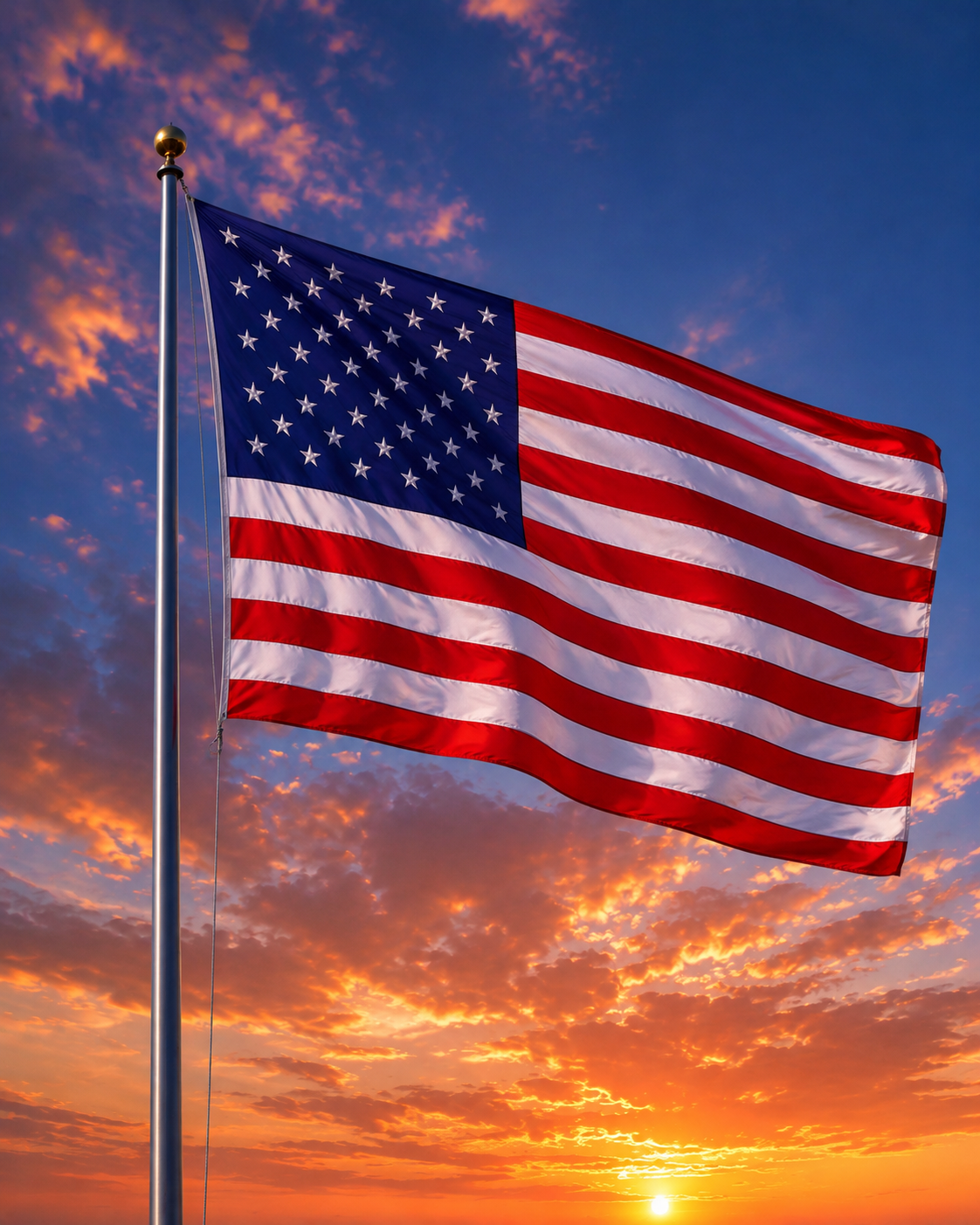 American flag flying on a flagpole against a sunset sky
