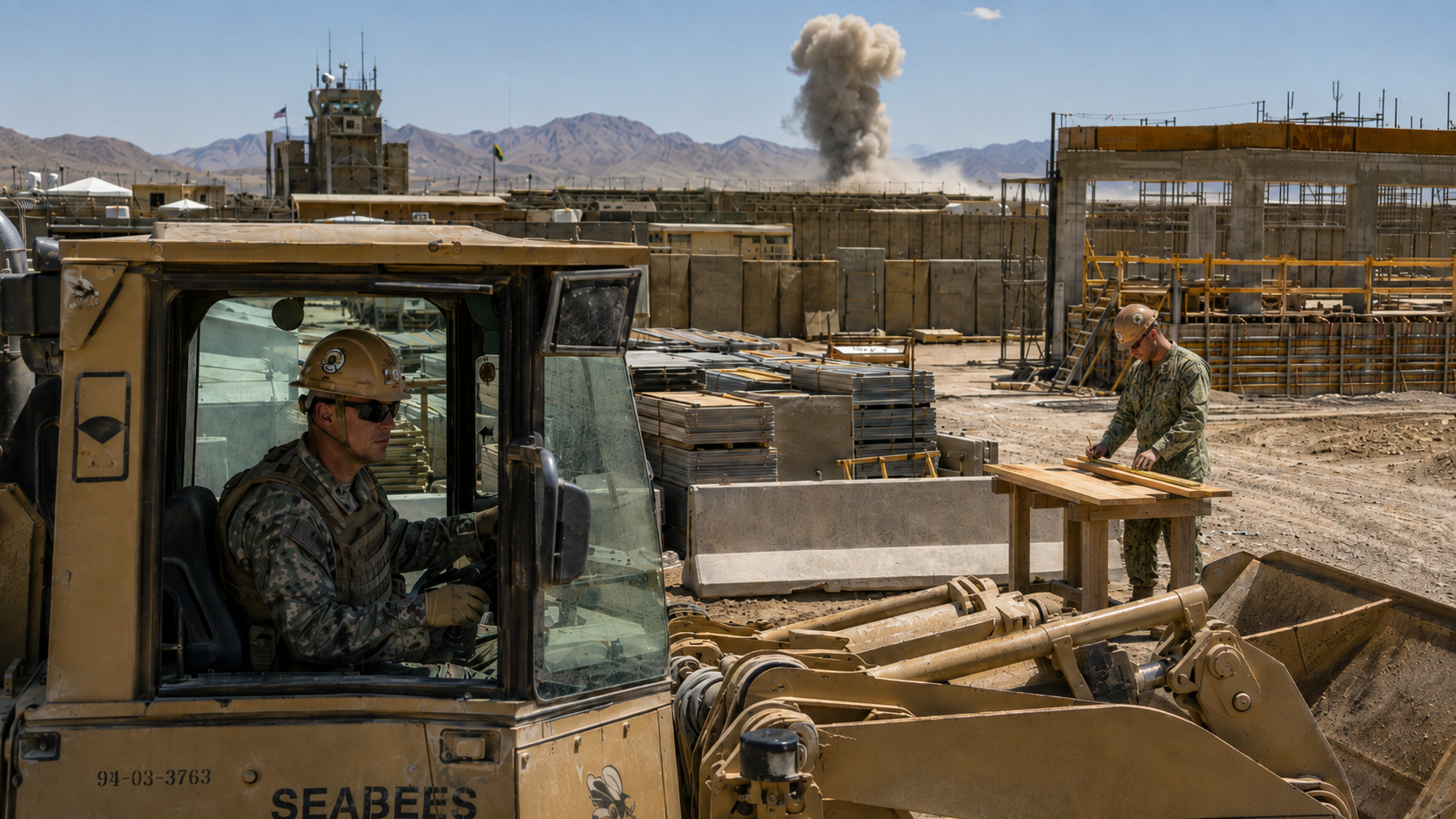 Navy Seabees operating heavy construction equipment at a forward base as a blast plume rises in the distance