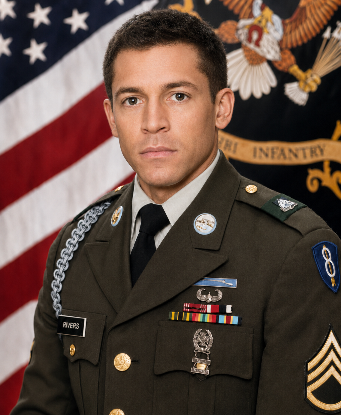 U.S. Army soldier in dress uniform standing before the American flag