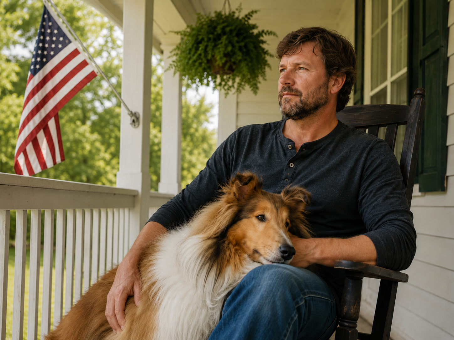 A veteran sitting on a porch beside an American flag with his collie resting against him