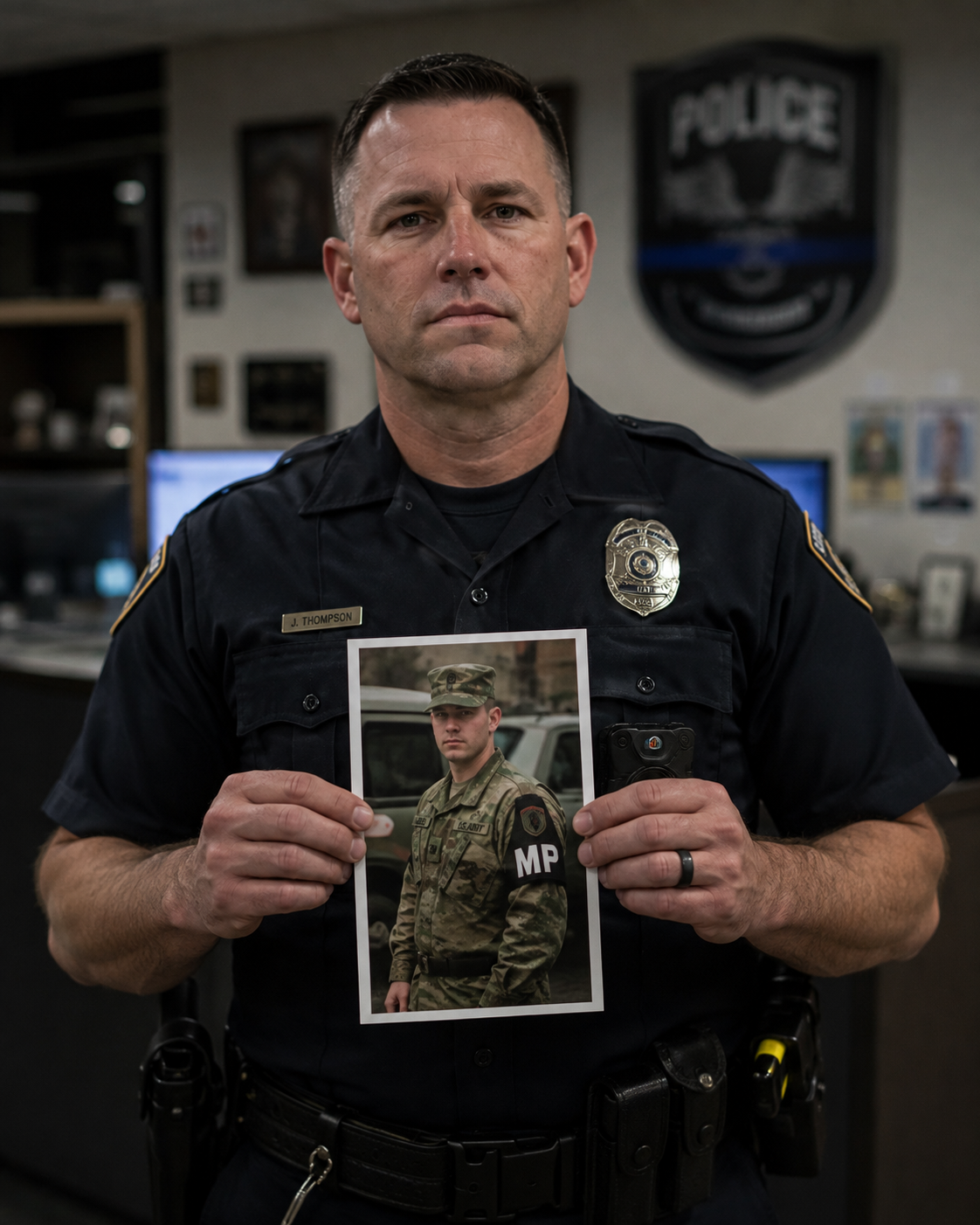 A police officer in uniform holding a photograph of himself as a military police officer