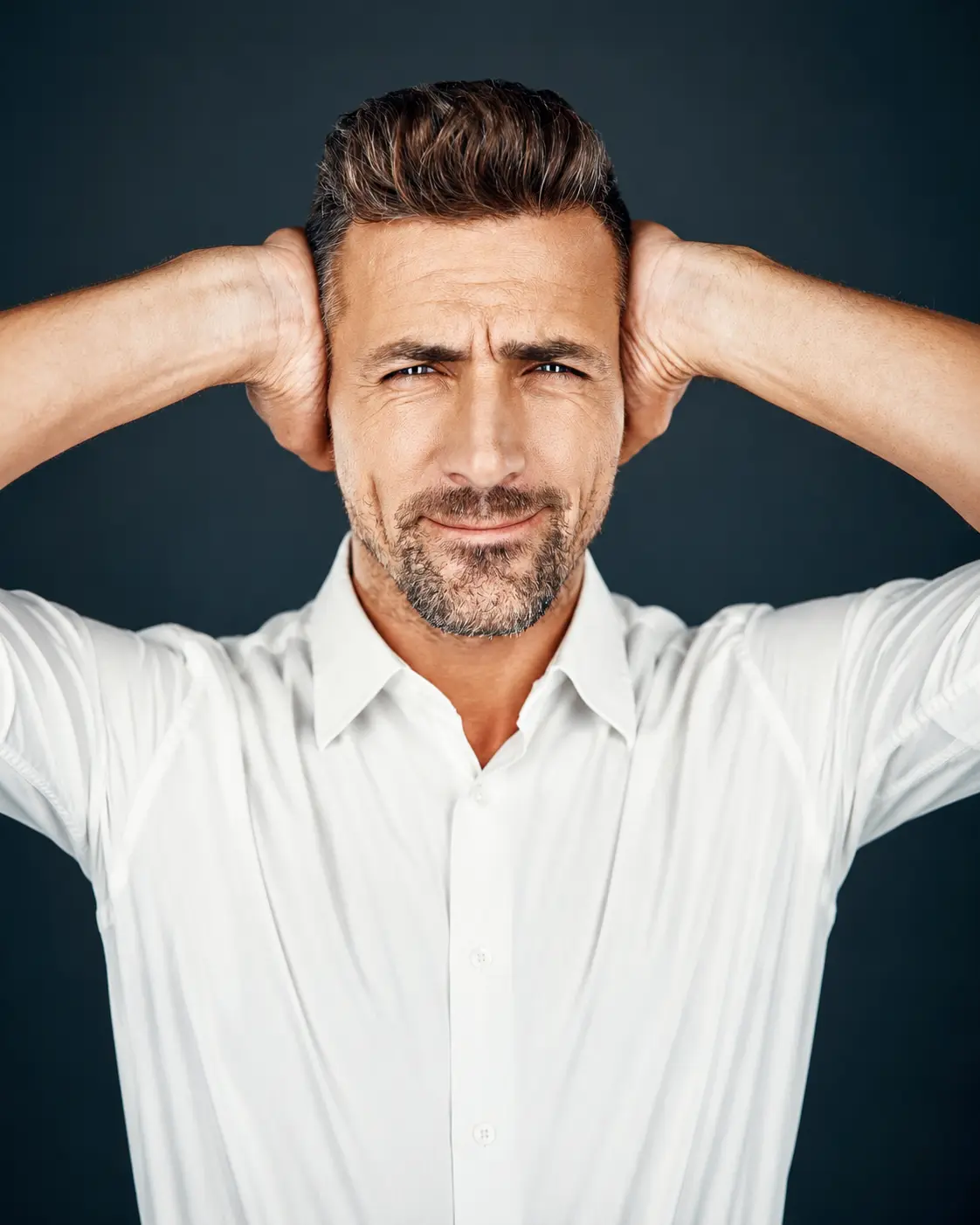 Veteran covering his ears, distressed by constant ringing