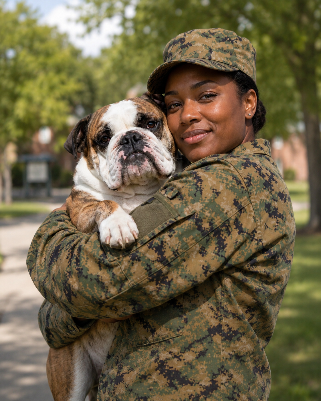 A woman Marine in uniform hugging her bulldog