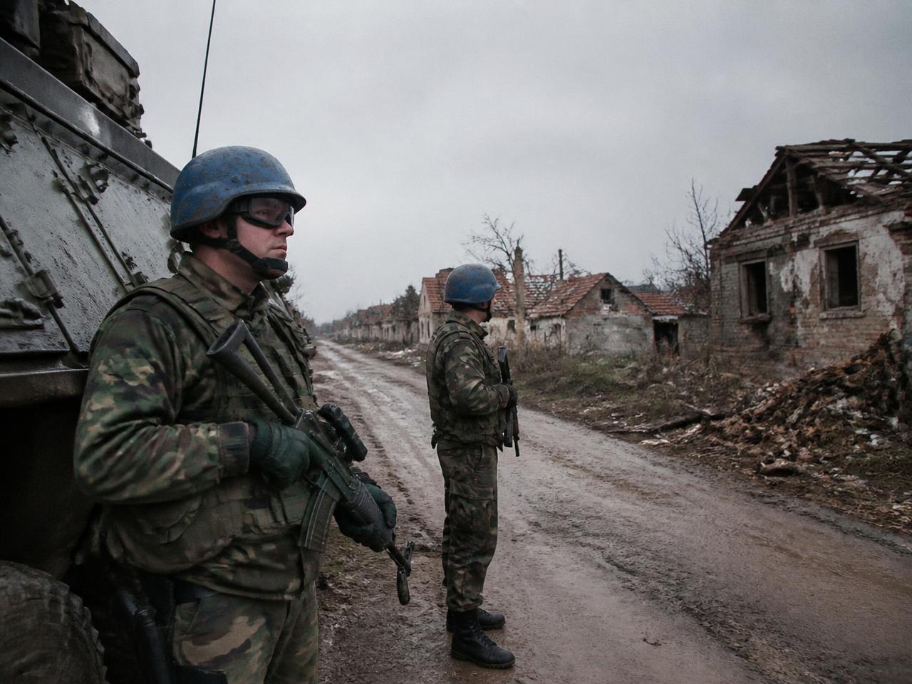 NATO peacekeeping soldiers standing watch beside an armored vehicle in a damaged Balkan village