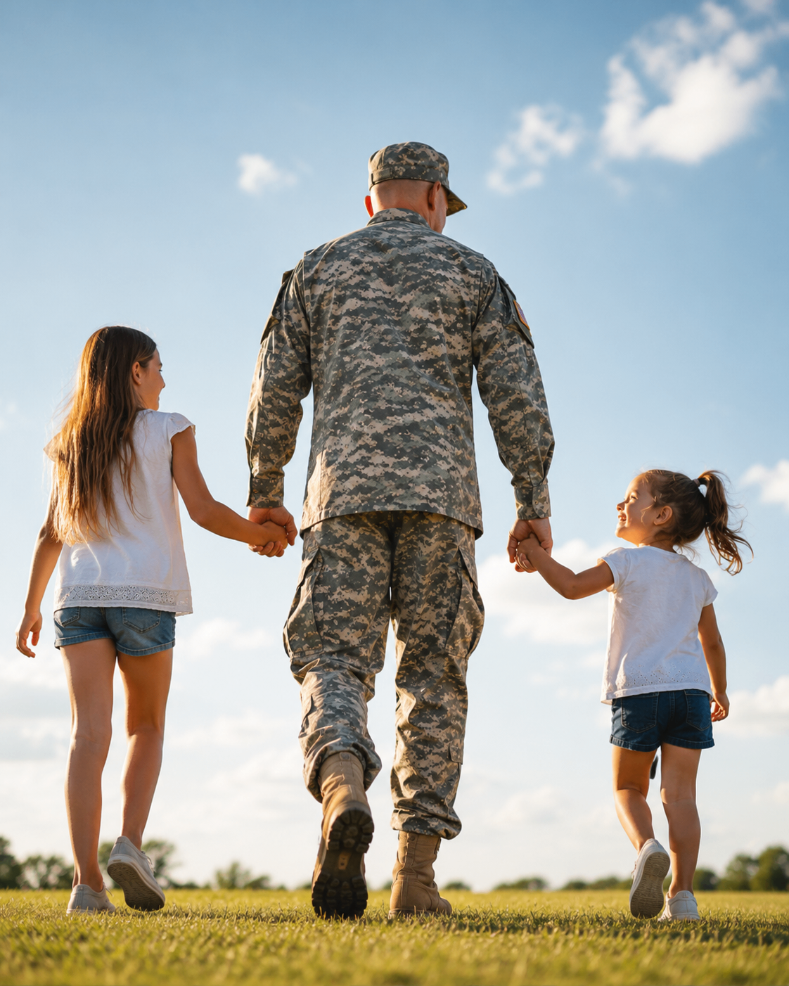 A service member walking hand-in-hand with two young daughters across a sunny field