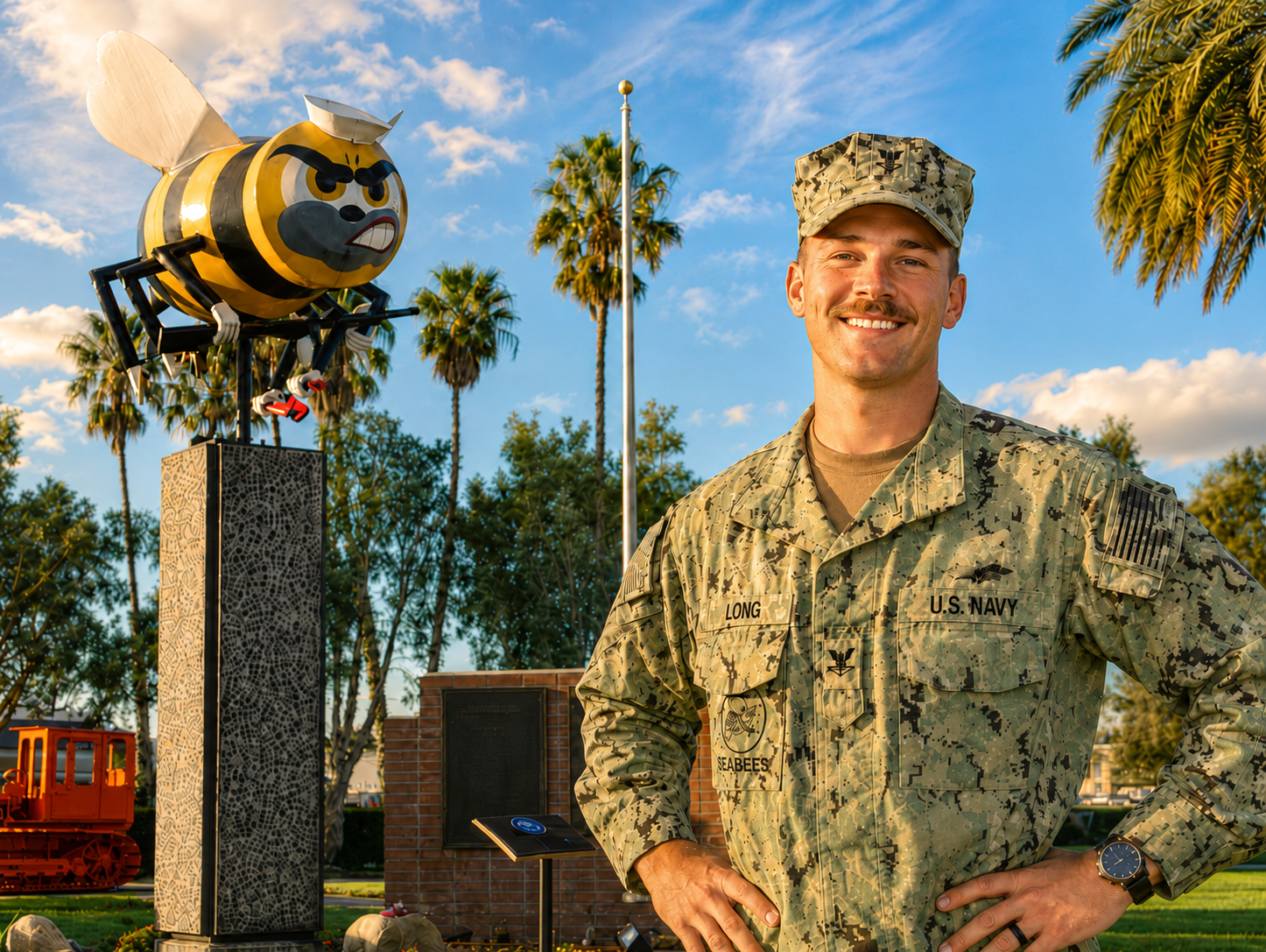 U.S. Navy Seabee in uniform standing by the fighting bee mascot statue at a Seabee base
