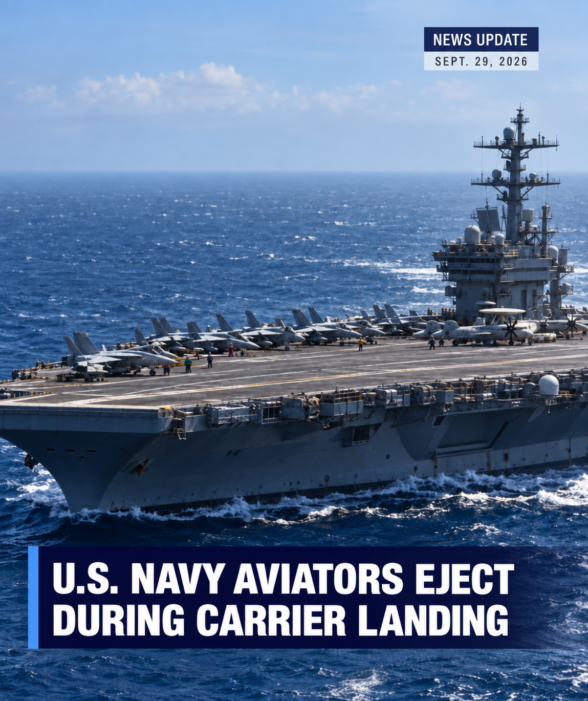 USS Dwight D. Eisenhower aircraft carrier at sea with the headline U.S. Navy aviators eject during carrier landing