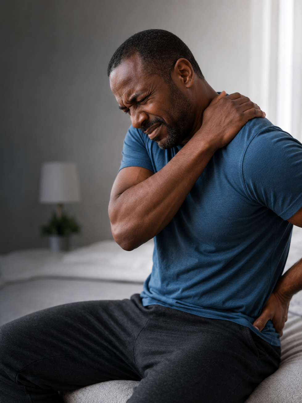 Veteran with chronic back pain sitting on the edge of a bed