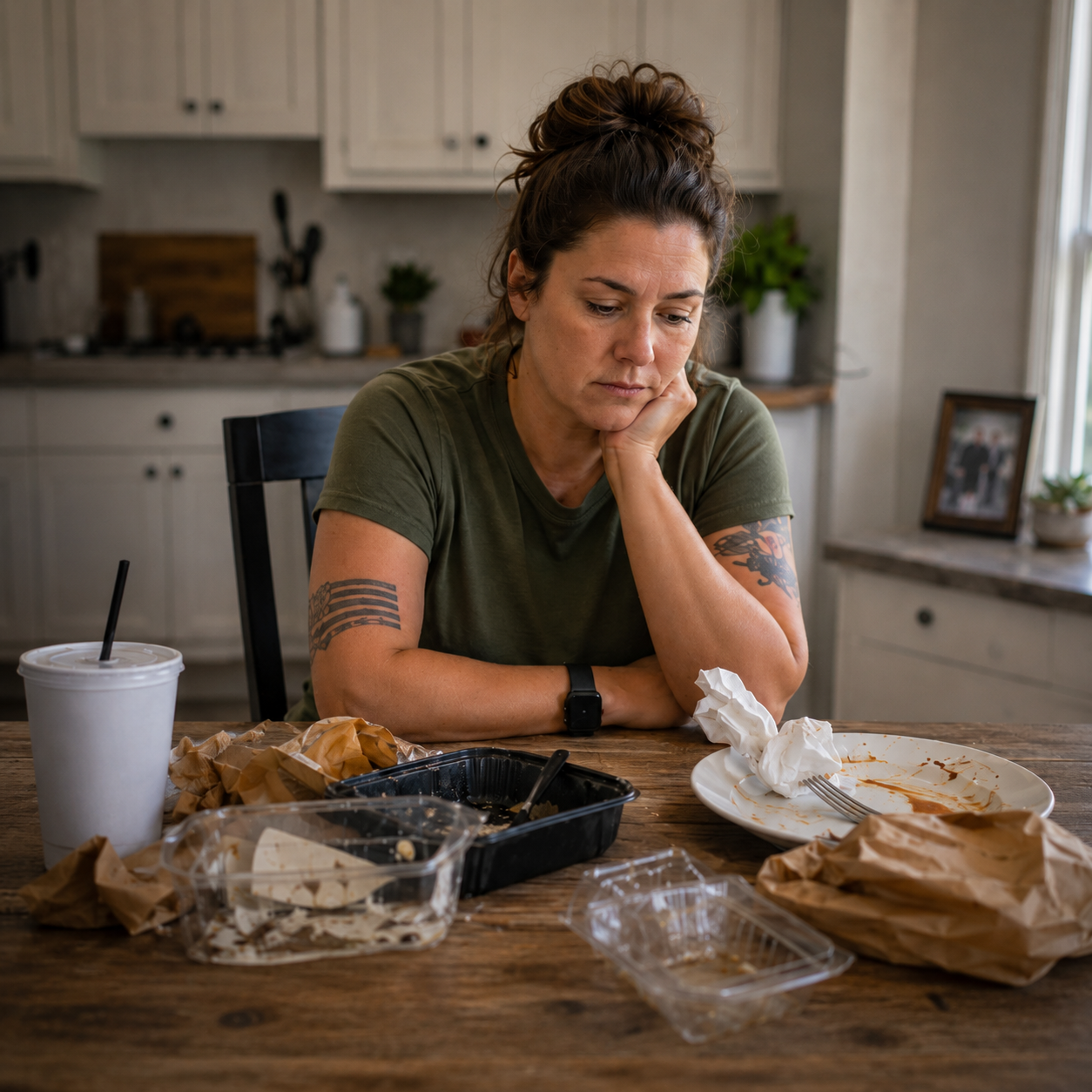 A woman veteran sitting alone at a kitchen table surrounded by empty takeout containers