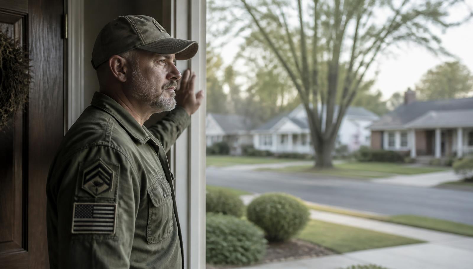 A veteran standing in his front doorway looking out at an empty street