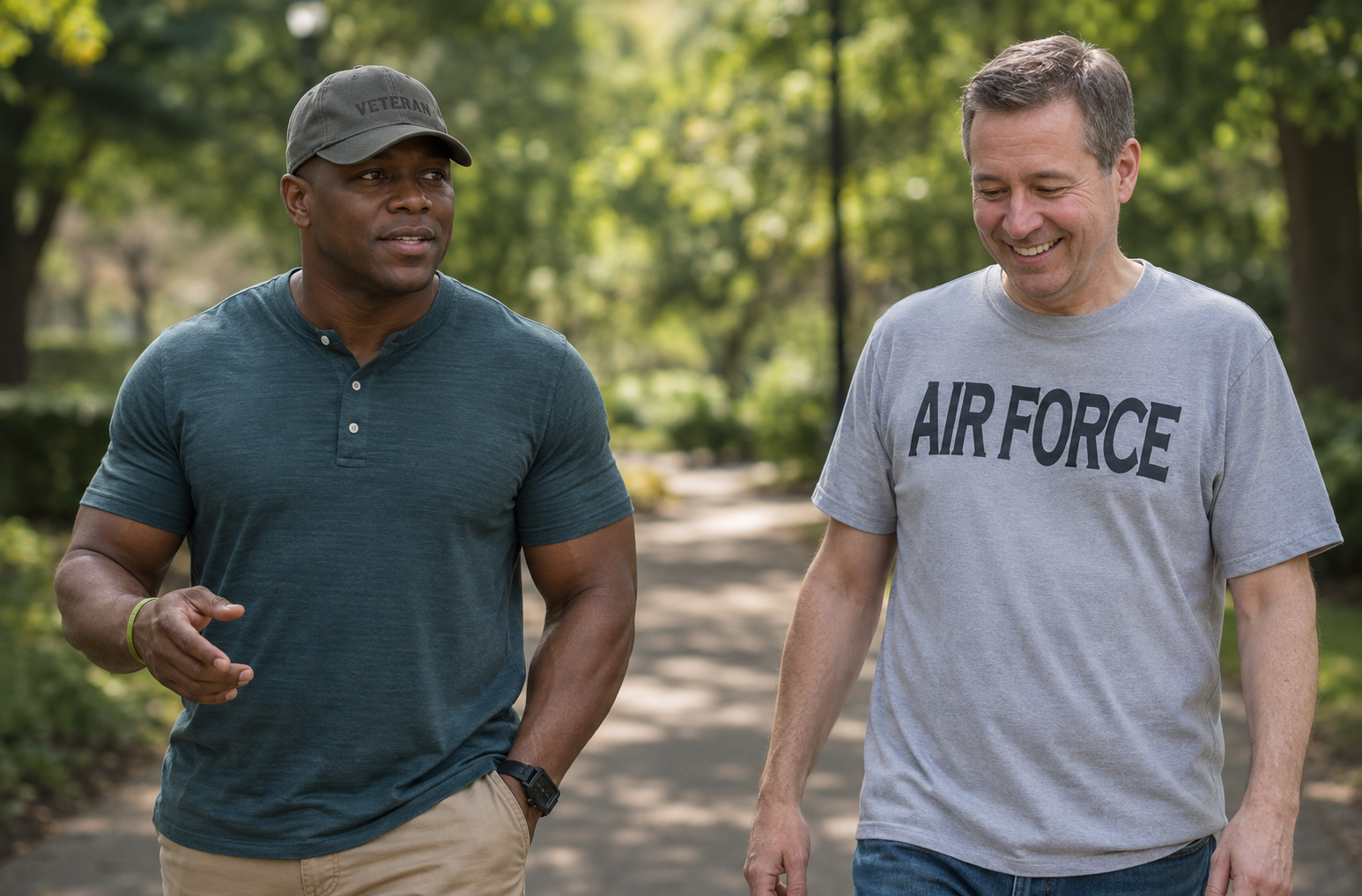 Two veterans walking together outdoors and talking