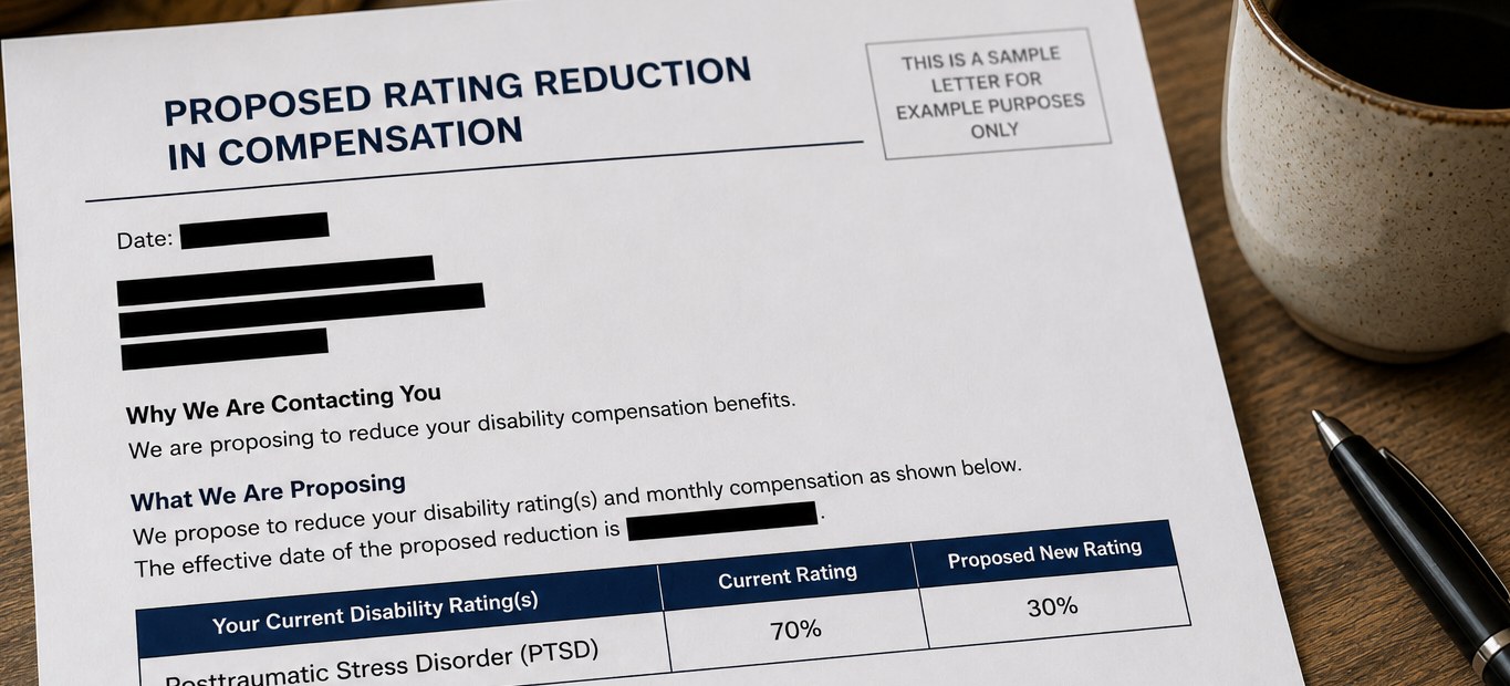 Sample VA proposed rating reduction notice showing a PTSD evaluation dropping from 70 percent to 30 percent