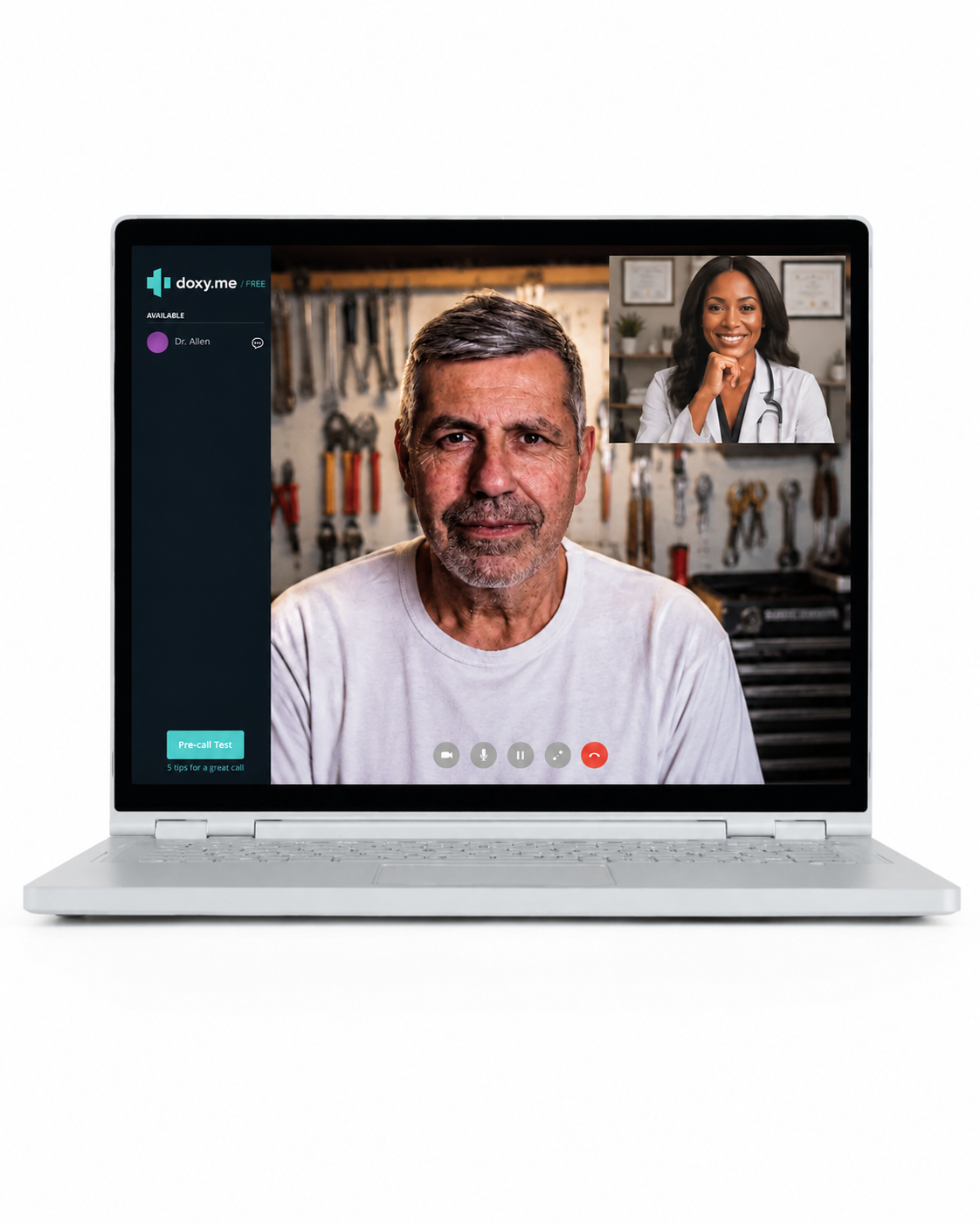 Virtual consultation between a veteran and physician on a laptop