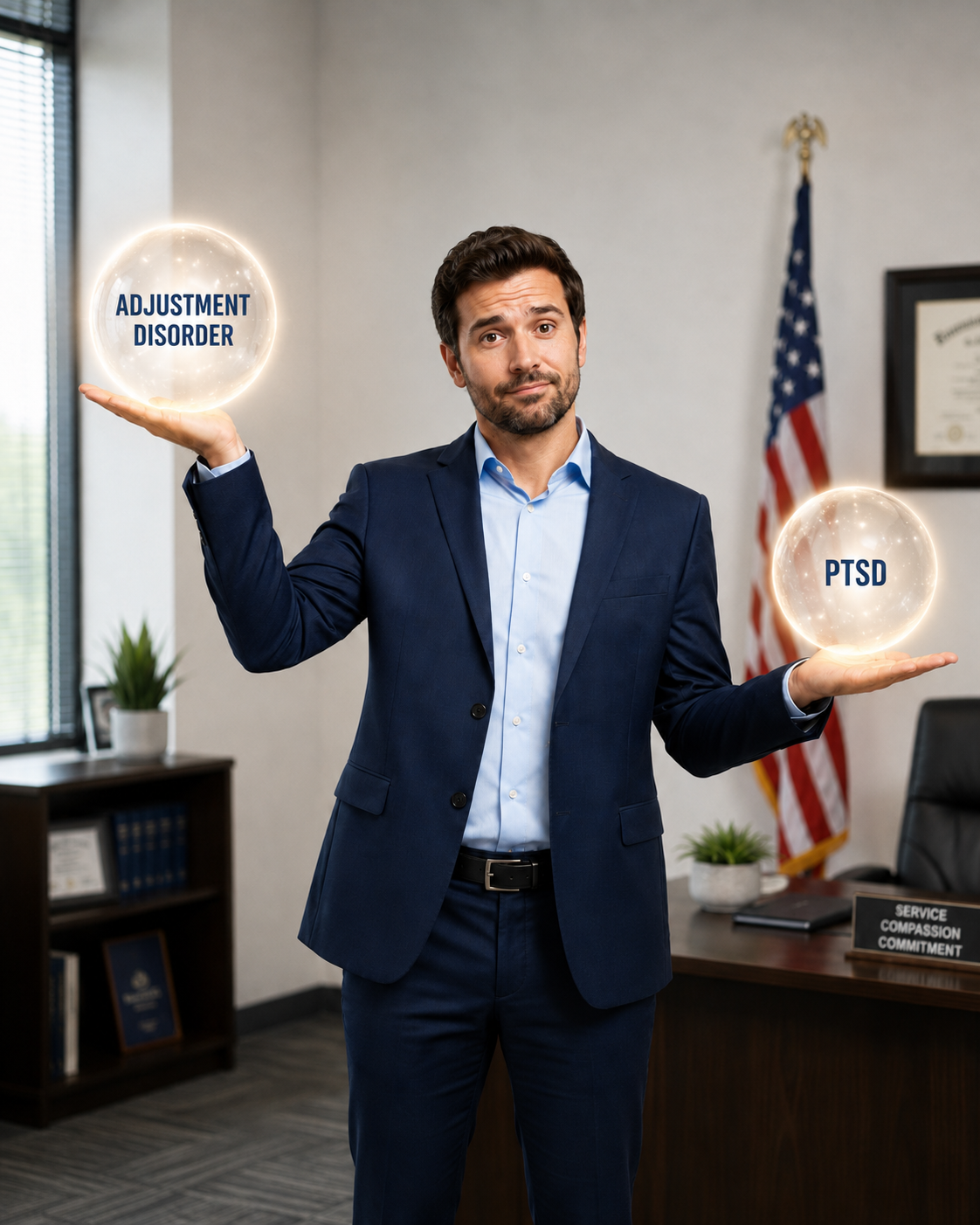 A man in a navy suit in an office holding two glowing spheres labeled adjustment disorder and PTSD, weighing which diagnosis fits