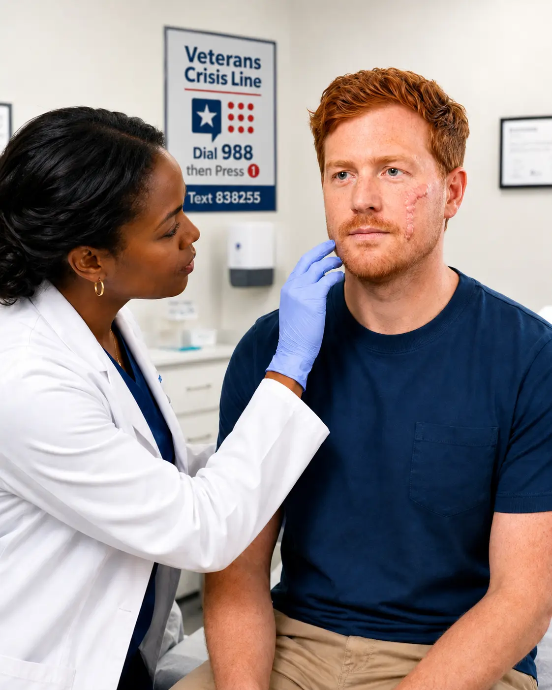Physician examining a veteran's facial skin condition in a clinic