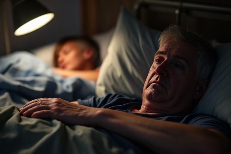 Veteran lying awake in bed at night unable to sleep