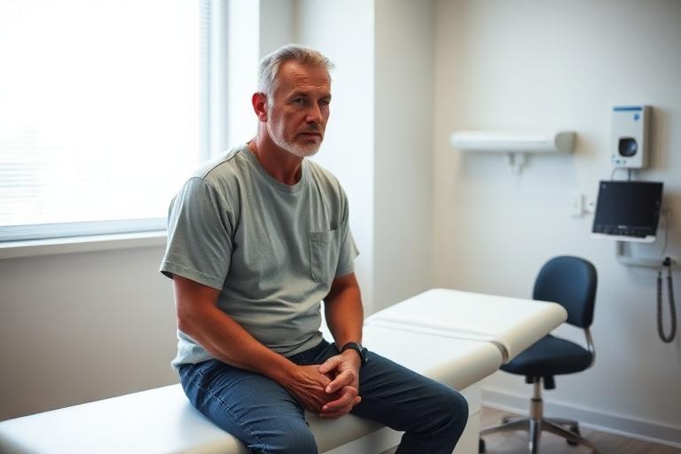 Veteran sitting alone on an exam table in a dermatology clinic