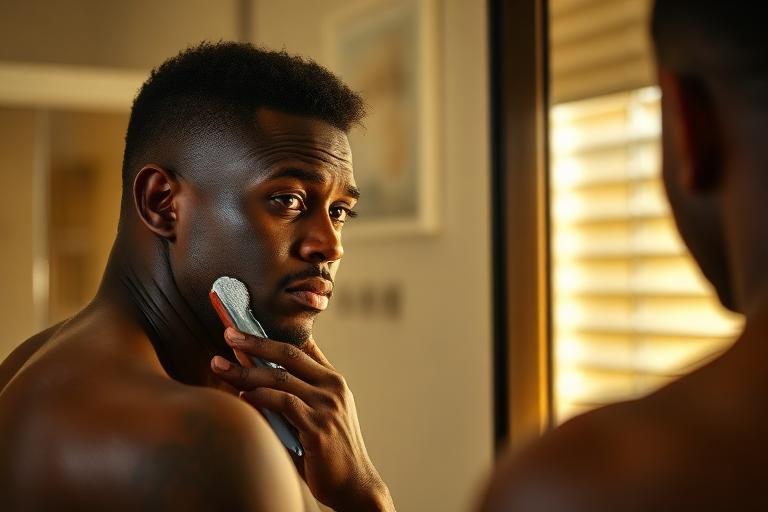 Veteran shaving at a bathroom mirror with a thoughtful expression