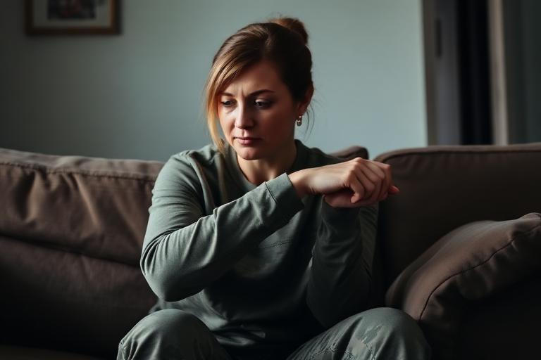 Veteran seated at home in long sleeves, covering her forearm